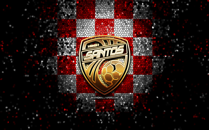 Santos DG, logo glitter, Liga FPD, rosso bianco sfondo a scacchi, calcio, squadra di calcio del Costa Rica, Santos DG logo, arte del mosaico, AD Santos de Guapiles
