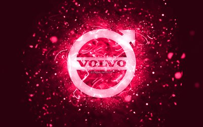 Logo Volvo rosa, 4k, luci al neon rosa, creativo, sfondo astratto rosa, logo Volvo, marche di automobili, Volvo