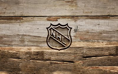 NHL wooden logo, 4K, wooden backgrounds, National Hockey League, NHL logo, creative, wood carving, NHL