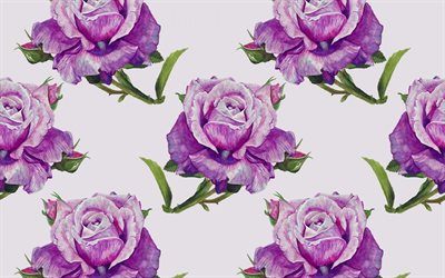motif roses violettes, motifs floraux, art d&#233;coratif, fond avec roses, fleurs, motifs roses, textures florales, motif roses abstrait