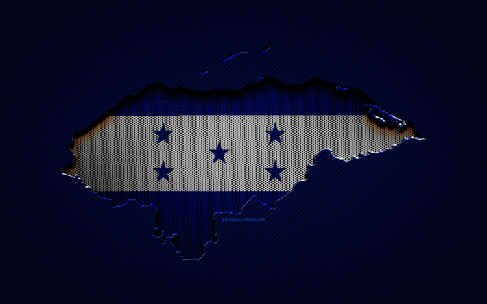 Carte du Honduras, 4k, pays d&#39;Am&#233;rique du Nord, drapeau du Honduras, fond bleu carbone, silhouette de la carte du Honduras, Am&#233;rique du Nord, carte du Honduras, Honduras