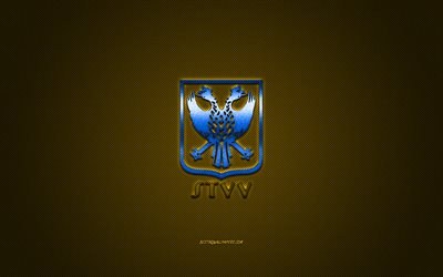Sint-Truidense VV, Belgium football club, Jupiler Pro League, blue logo, yellow carbon fiber background, Belgian First Division A, football, Sint-Truidense, Belgium, Sint-Truidense VV logo