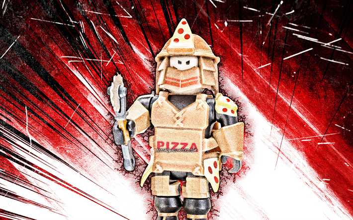 4k, Loyal Pizza Warrior, art grunge, Roblox, fan art, personnages Roblox, rayons abstraits rouges, Loyal Pizza Warrior Roblox