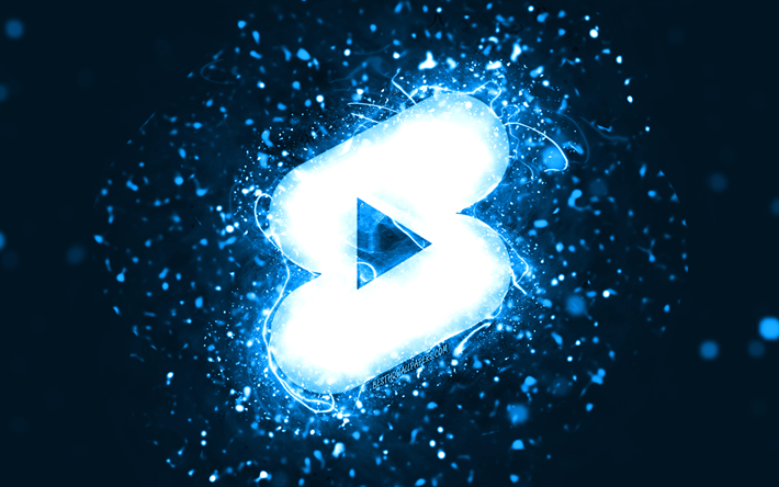Pantaloncini Youtube logo blu, 4k, luci al neon blu, creativo, sfondo astratto blu, logo pantaloncini Youtube, social network, pantaloncini Youtube