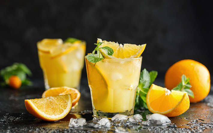 orange smoothies, healthy drinks, orange juice, oranges, ice, smoothies, glass of smoothies, fruits