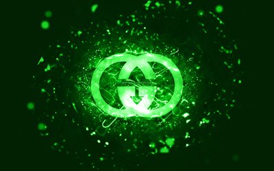 Gucci logo verde, 4k, luci al neon verdi, creativo, sfondo astratto verde, logo Gucci, marchi, Gucci