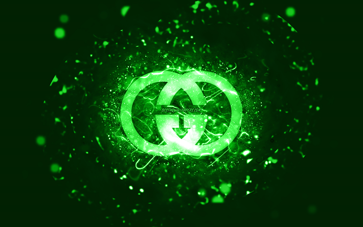 Gucci green logo, 4k, green neon lights, creative, green abstract background, Gucci logo, brands, Gucci