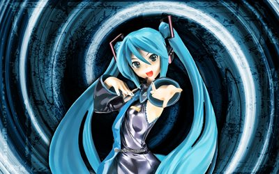 4k, Hatsune Miku, blue grunge background, Vocaloid characters, manga, Vocaloid, vortex, Hatsune Miku Vocaloid, Hatsune Miku 4K