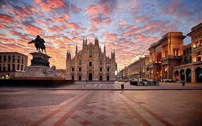 Catedral de Milão, 4k, pontos turísticos italianos, Milão, Duomo di Milano, pôr do sol, praça, igreja catedral, Lombardia, Itália, Europa