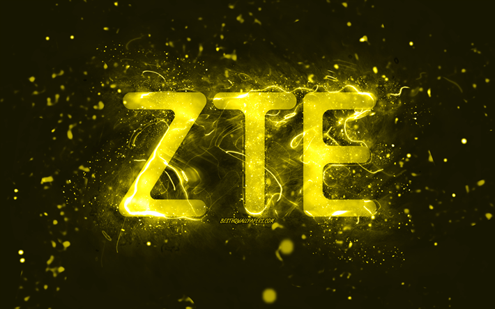 ZTE yellow logo, 4k, yellow neon lights, creative, yellow abstract background, ZTE logo, brands, ZTE