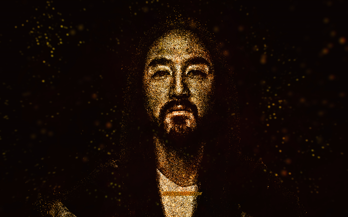 Steve Aoki, arte glitter oro, sfondo nero, DJ americano, arte Steve Aoki, Steven Hiroyuki Aoki