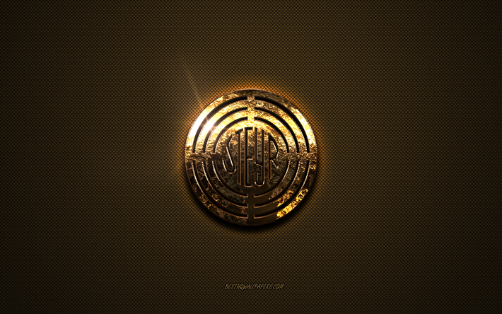 Steyr golden logo, artwork, brown metal background, Steyr emblem, Steyr logo, brands, Steyr