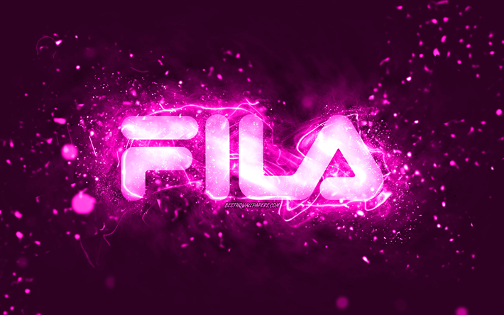 Logotipo de Fila p&#250;rpura, 4k, luces de ne&#243;n p&#250;rpura, creativo, fondo abstracto p&#250;rpura, logotipo de Fila, marcas, Fila