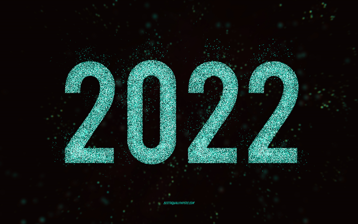 Felice Anno Nuovo 2022, arte glitter turchese, Capodanno 2022, sfondo glitter turchese 2022, concetti 2022, sfondo nero, biglietto di auguri 2022
