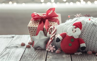 Feliz Navidad, 4k, Santa Claus toy, Feliz A&#241;o Nuevo, decoraci&#243;n de Navidad, regalos de Navidad, caja de regalo, A&#241;o Nuevo