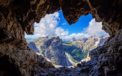 4k, It&#225;lia, caverna em forma de cora&#231;&#227;o, montanhas, c&#233;u azul, Dolomitas, nuvens, HDR, natureza bonita, Europa