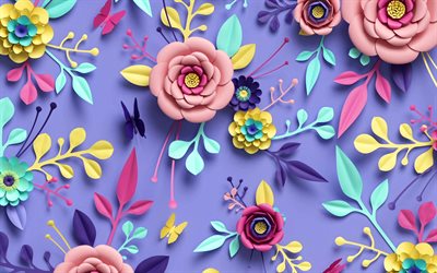 Sfondo floreale 3D, 4k, fiori 3D, creativo, sfondo con fiori, motivi floreali 3D, motivi floreali, sfondi floreali