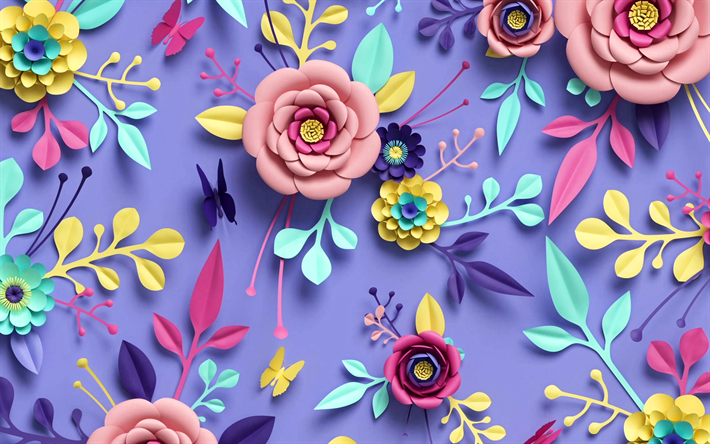 Fondo floral 3D, 4k, flores 3D, creativo, fondo con flores, patrones de flores 3D, patrones florales, fondos florales