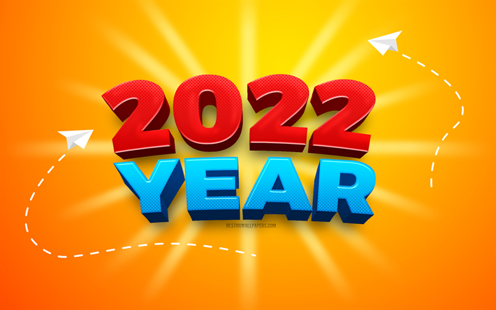 2022 Ano Novo, 4k, fundo amarelo, 2022 arte 3d, Forward to 2022, Happy New Year 2022, 2022 conceitos, cart&#227;o de sauda&#231;&#227;o 2022