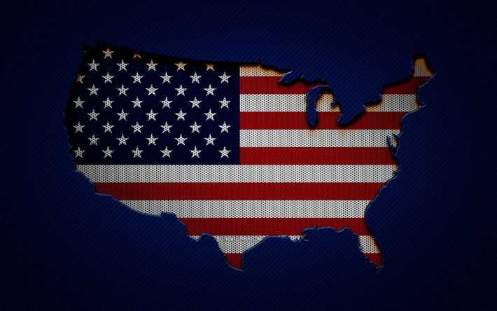 ABD haritası, 4k, Kuzey Amerika &#252;lkeleri, ABD bayrağı, mavi karbon arka plan, ABD harita silueti, Kuzey Amerika, ABD, Amerikan bayrağı
