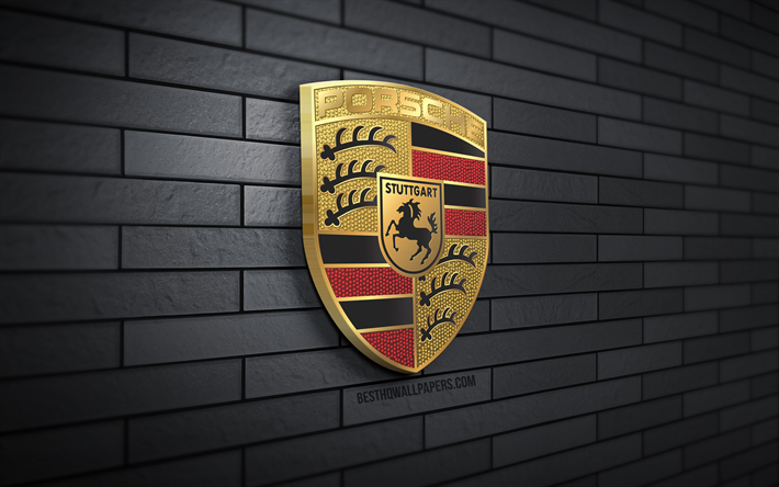 Logotipo porsche 3D, 4K, pared de ladrillo gris, creativo, marcas de autom&#243;viles, logotipo porsche, arte 3D, Porsche