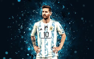 Lionel Messi, football stars, 4K, Argentina national football team, Leo Messi, blue neon lights, soccer, Messi, Argentine National Team, Lionel Messi 4K