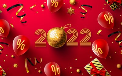 4k, Happy New Year 2022, red background, 2022 concepts, 2022 New Year, 2022 Christmas sale, New Years Sale, New Year 2022, Red 2022 background