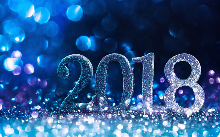 2018 2018 mutlu yıllar, 4k, Parlama, 2018 Noel, Yeni Yıl, mavi arka plan, Noel