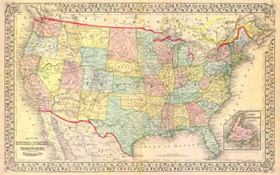 USA, Vecchia Mappa, 1867, amministrativa, mappa, stati, Uniti, geografia