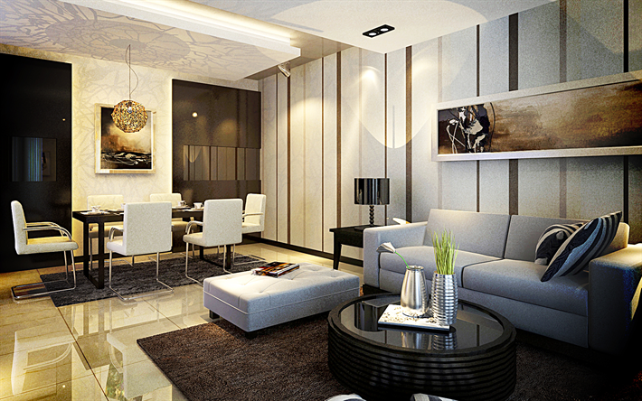 غرفة المعيشة, 4k, الداخلية الأنيقة, شقة حديثة, أريكة, التصميم الحديث, الداخلية الفكرة