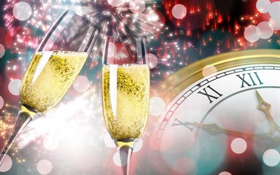la medianoche de A&#241;o Nuevo, en 2018, el reloj, el champ&#225;n, cristal de las gafas, Feliz A&#241;o Nuevo, fuegos artificiales