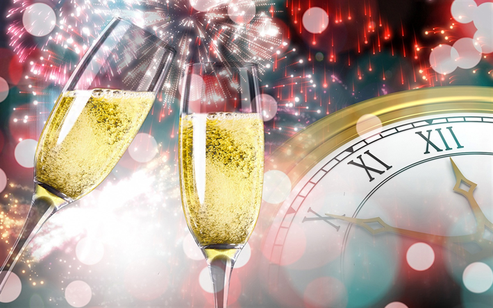 a mezzanotte, Nuovo Anno, 2018, orologio, champagne, bicchieri di vetro, Felice Anno Nuovo, fuochi d&#39;artificio