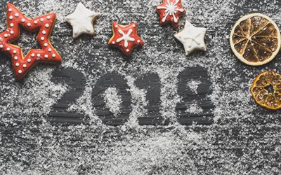 Happy New Year 2018, sweets, snow, Christmas 2018, New Year 2018, wooden background, xmas, Christmas