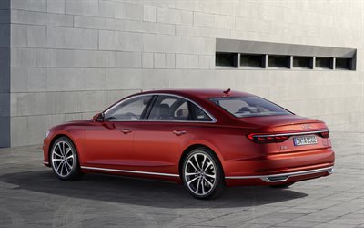 Audi A8, 2018, red luxury sedan, business class, German cars, red A8, Audi