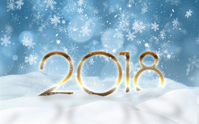 Happy New Year, 2018, winter, snow, golden numbers, 2018 concepts