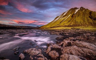 İzlanda, 4k, G&#252;n batımı, dağlar, nehir, Avrupa