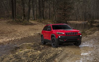 Jeep Cherokee, 4k, offroad, Bilar 2018, Stadsjeepar, red Cherokee, Jeep