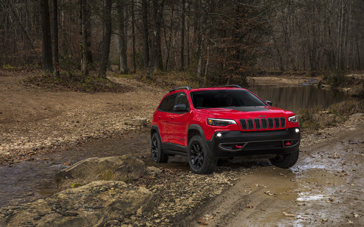 Jeep Cherokee, 4k, offroad, 2018 carros, SUVs, vermelho Cherokee, Jeep
