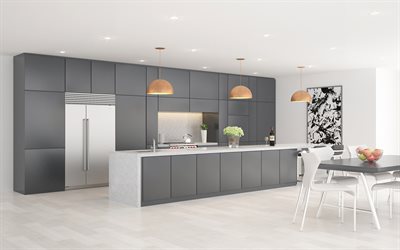 4k, keitti&#246;, valkoinen ja harmaa sisustus, tyylik&#228;s huonekalut, moderni huoneisto, moderni muotoilu, sisustus idea