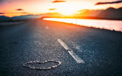 love concepts, heart of stones, sunset, asphalt road, Valentines Day