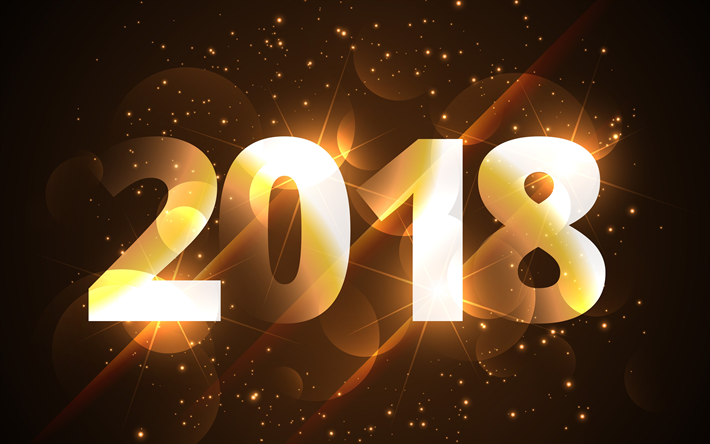 2018 2018 mutlu yıllar, 4k, Parlama, 2018 Noel, altın harflerle, Yeni Yıl, kahverengi arka plan, Noel