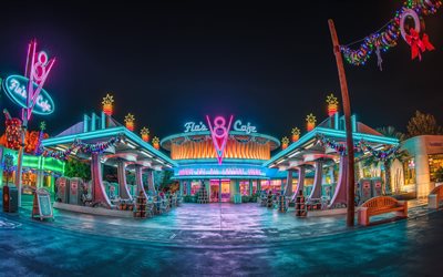 4k, Flos V8 Caf&#233;, natt, illuminationer, Disney California Adventure Park, Amerika, USA