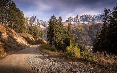 mountain road, forest, mountains, sunset, evening, rocks