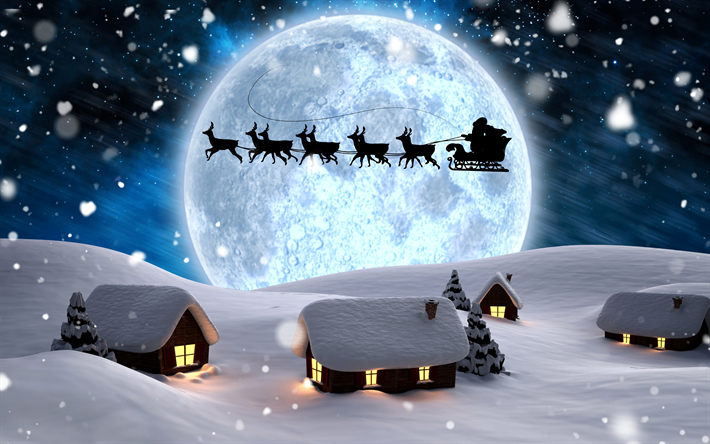 Noel Baba, 4k, gece, geyik, Noel, kar yağışı, Mutlu Yeni Yıl, Mutlu Noeller