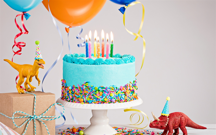 Mutlu Yıllar, mum, dinozorlar, doğum g&#252;n&#252; pastası, kavramlar, topları şişik