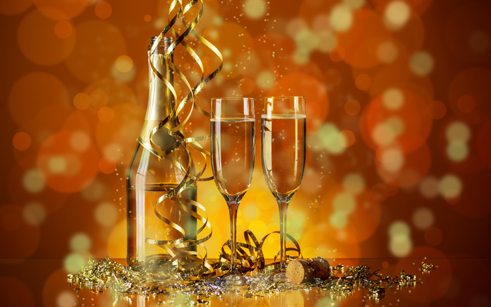 Champagne, glasses, New Year, holiday, golden ribbons