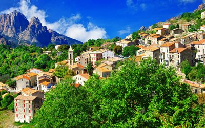 Korsika, 4k, berg, sommar, byn, Frankrike, Europa