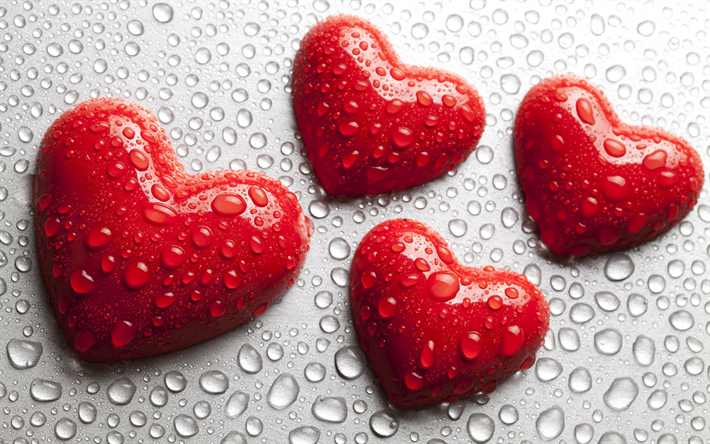 red hearts, drops of water, romance, valentines day, hearts