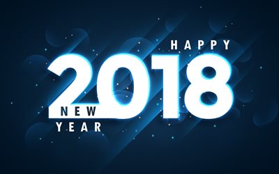 Happy New Year 2018, 4k, glare, Christmas 2018, neon letters, New Year 2018, blue background, xmas, Christmas