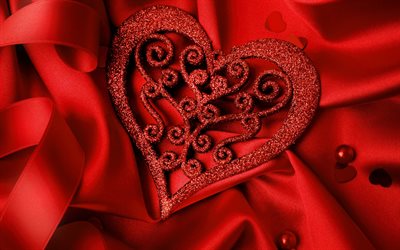Beautiful red heart, romance, love concepts, Valentines Day, red silk